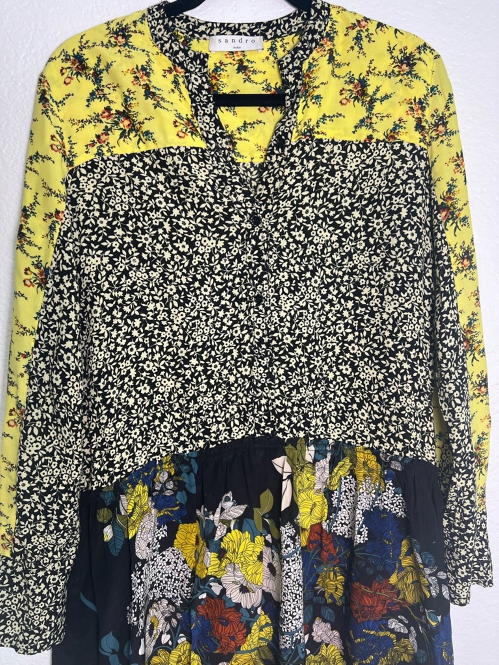 Sandro Floral Patchwork Mini Dress Yellow Black Long Sleeve Boho Size 2 - Picture 10 of 13